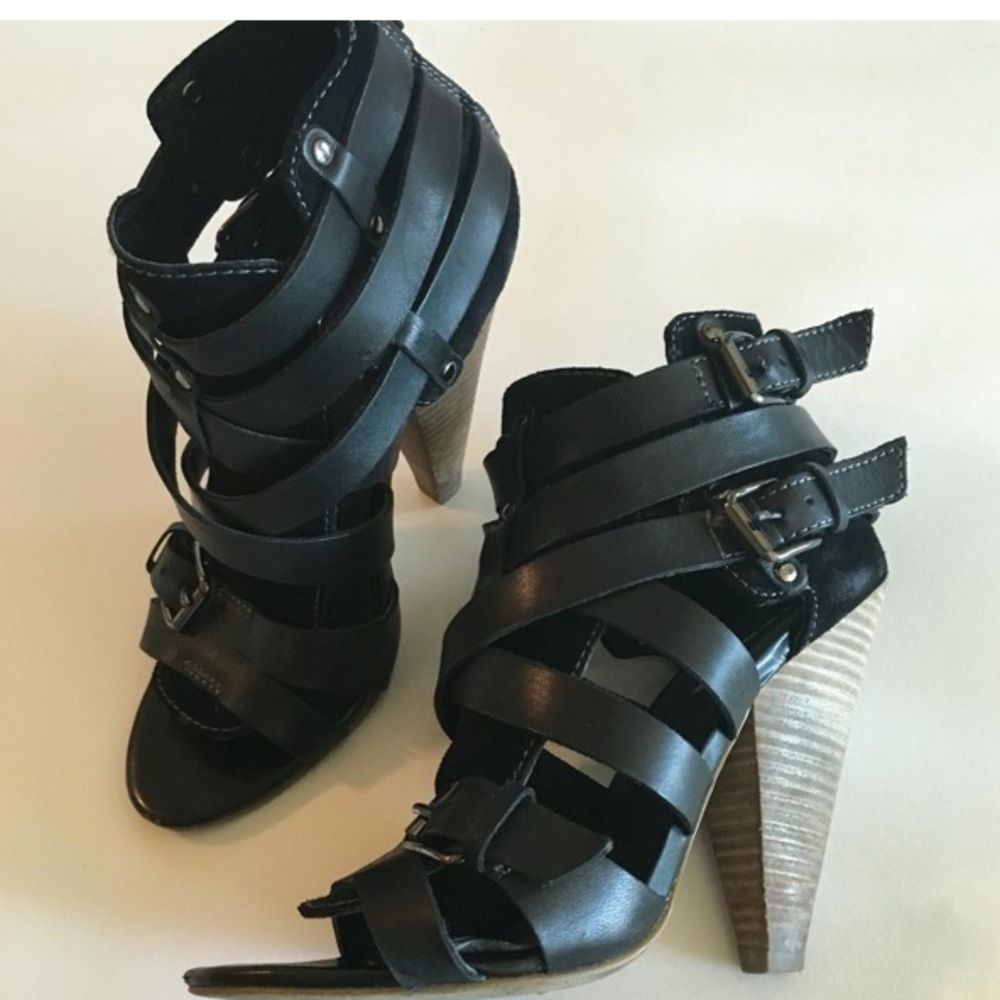 black leather buckle  Caged heels w by ✨TROUVÉ